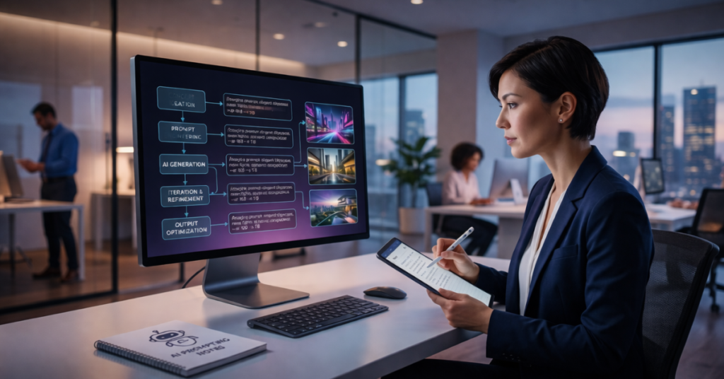 AI-generated image design workflow on a computer screen