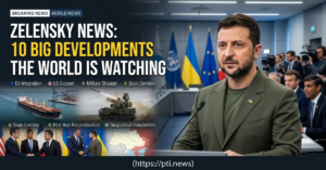 Volodymyr Zelensky speaking during an international briefing