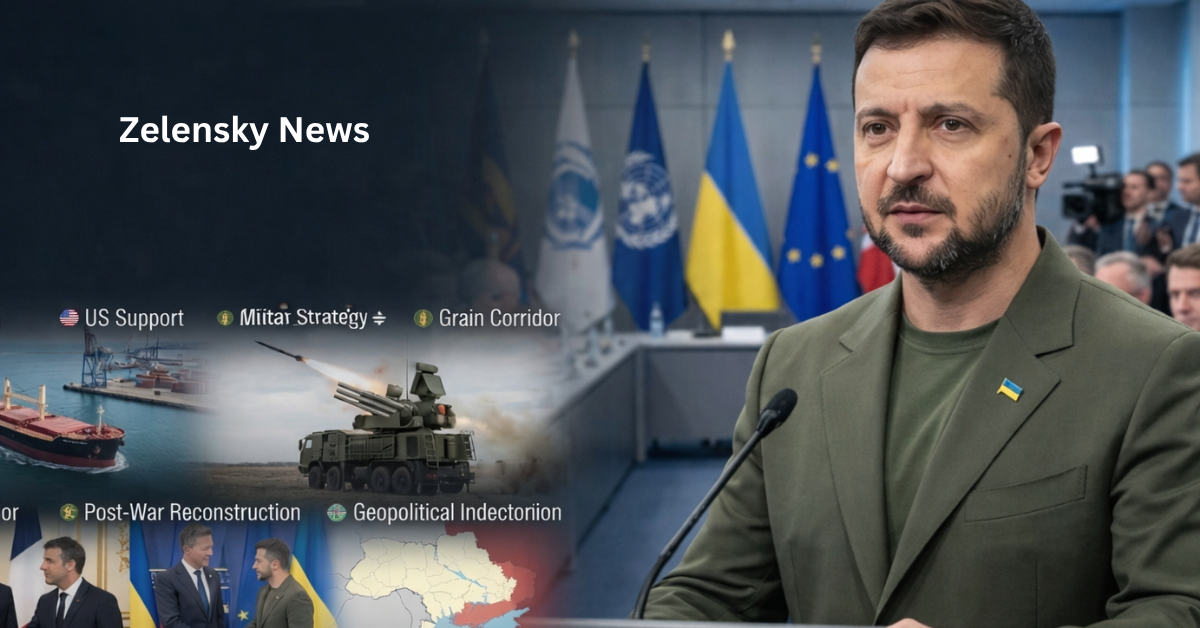 Volodymyr Zelensky speaking during an international briefing