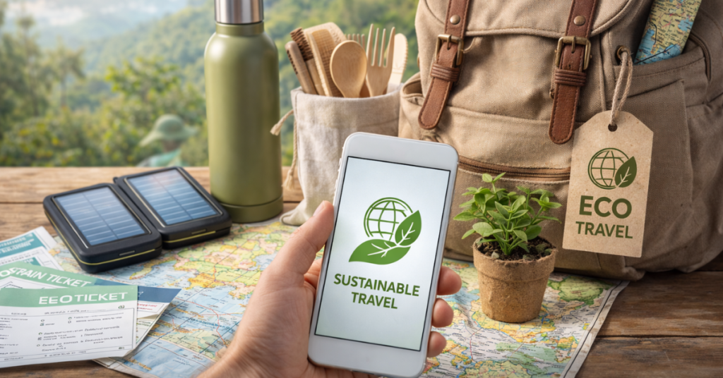 Eco-Friendly Travel Tips set up with reusable items and nature background