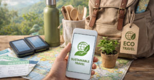 Eco-Friendly Travel Tips set up with reusable items and nature background