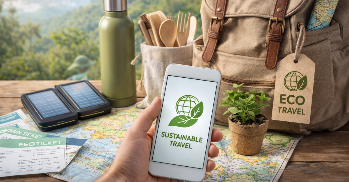 Eco-Friendly Travel Tips set up with reusable items and nature background