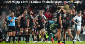 Esher Rugby Club players executing a tackle during a competitive match