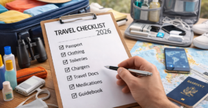Organized travel packing checklist with suitcase items