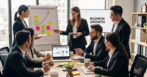 Small Business Growth team planning growth strategy in a modern office